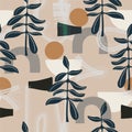 Vector abstract leaf, geometric and brush stroke shape layers with beige background seamless repeat pattern.